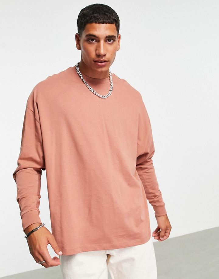 Asos Design Cotton Blend Oversized Long Sleeve T-shirt In Tobacco Brown - Tan