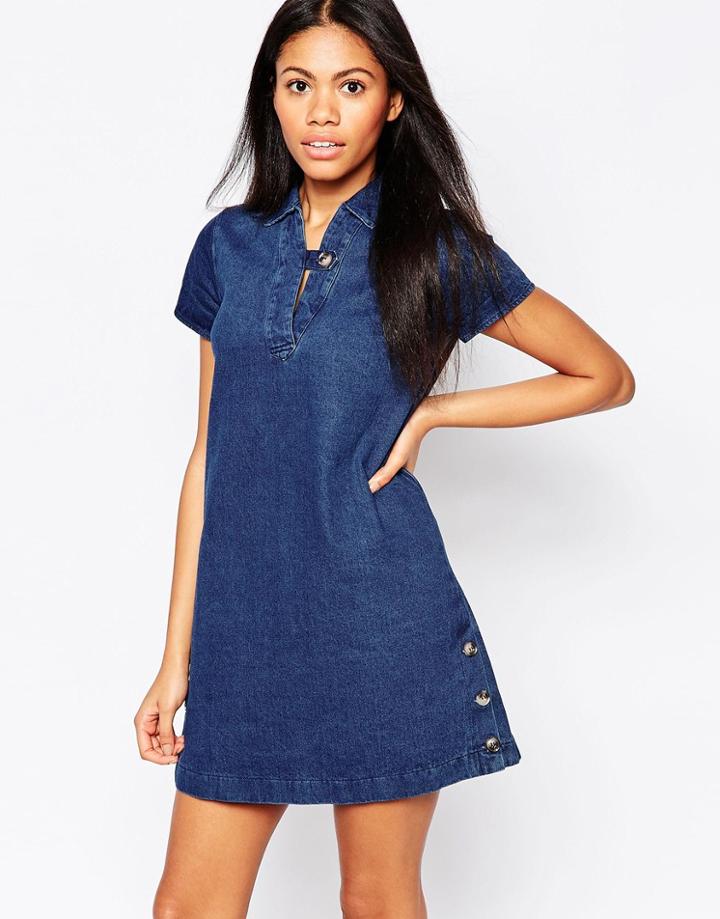 Influence Button Detail Shift Dress - Indigo Denim