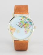 Asos Watch With Map Print In Tan - Beige
