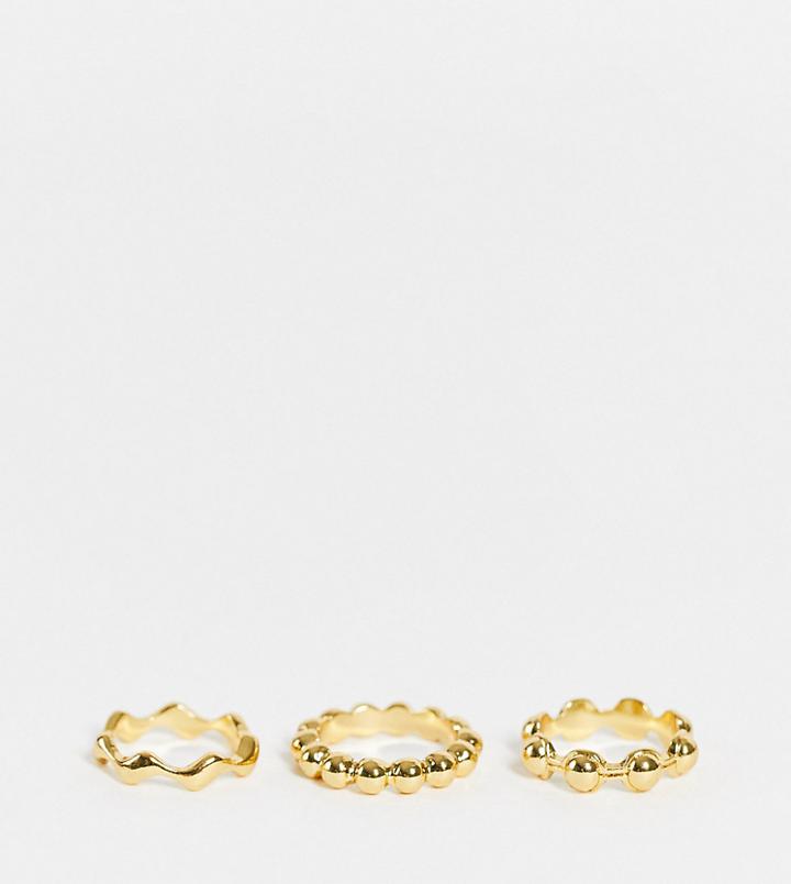 Asos Design Pack Of 3 14k Gold Plated Rings In Disc And Wave Design