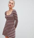 Asos Design Petite Stripe Rib Mini Skater Dress With Button Front - Multi