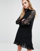 Navy London High Neck Dress With Sheer Lace Sleeves And Ruffles - Black