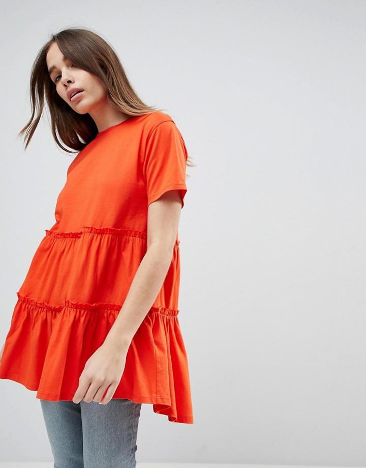 Asos Design T-shirt With Tiered Smock Hem - Orange