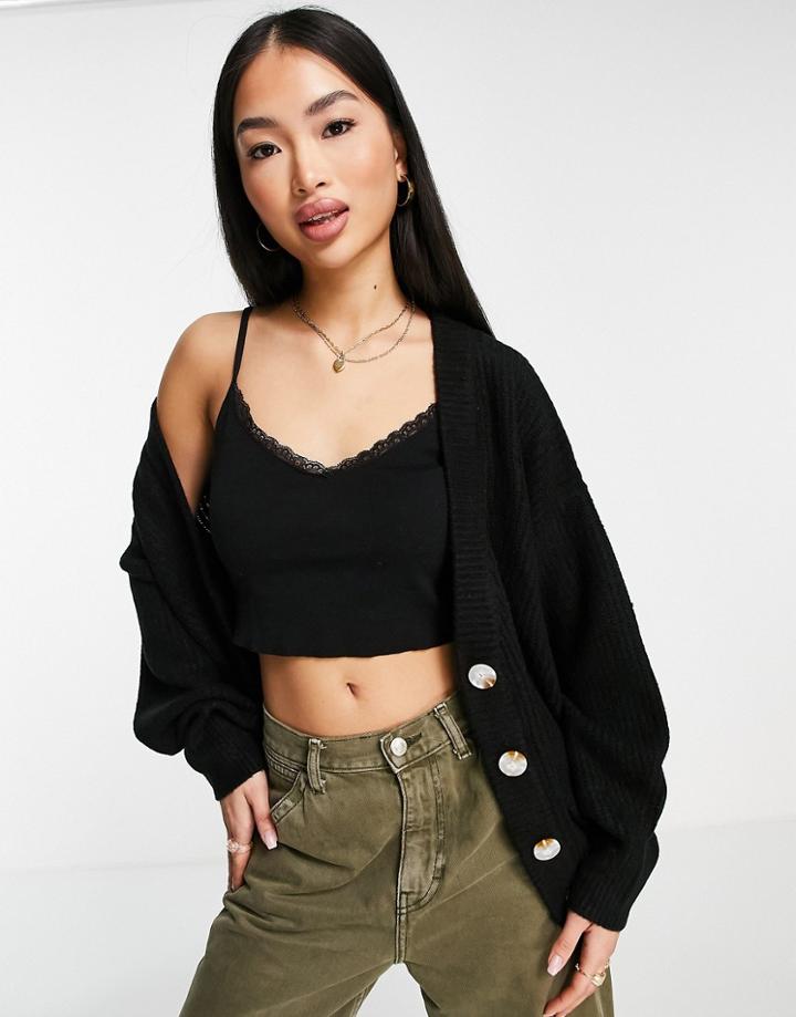 Topshop Knitted Oversized Grandad Cardi In Black