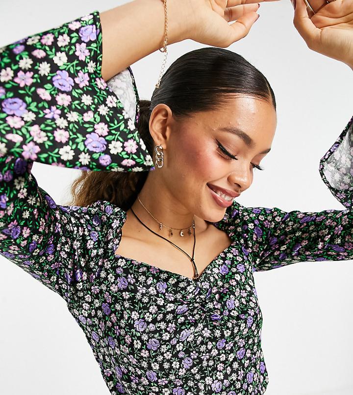 Topshop Petite Ditsy Floral Satin Crop Top In Multi