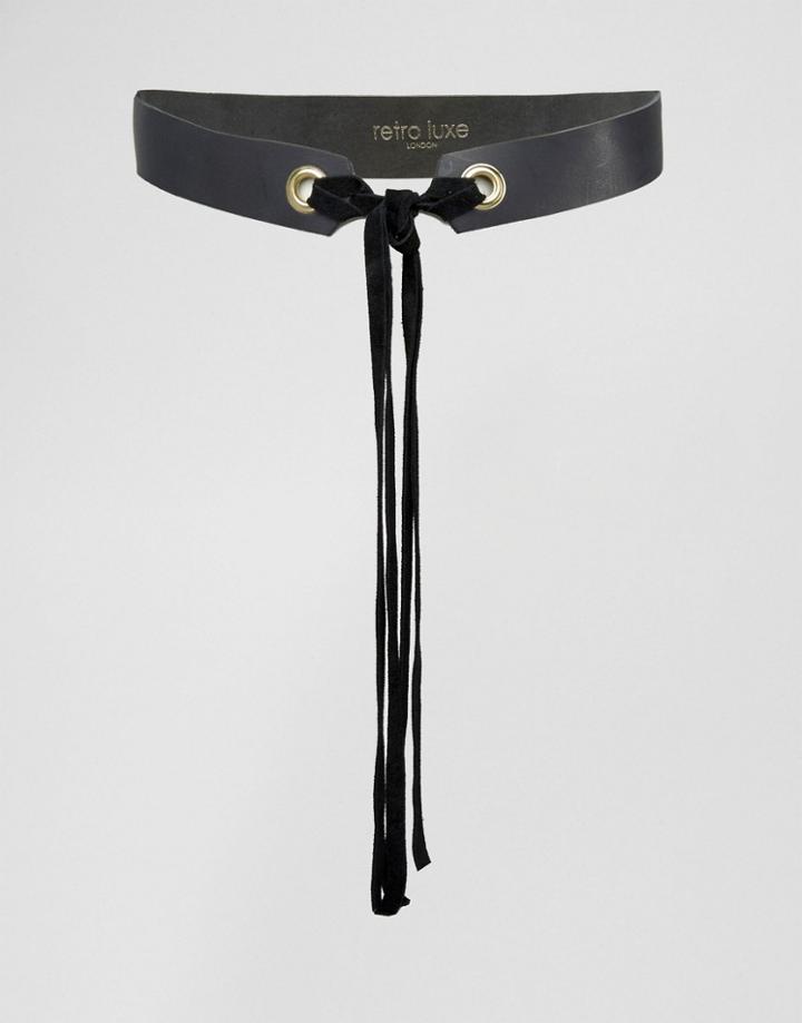 Retro Luxe London Leather Waist Belt With Suede Tie Fastening - Black