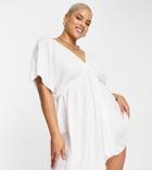 Asos Design Curve Flutter Sleeve Mini Beach Dress In White