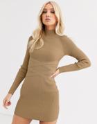 Asos Design Structured Knit Mini Dress With Waist Detail-stone