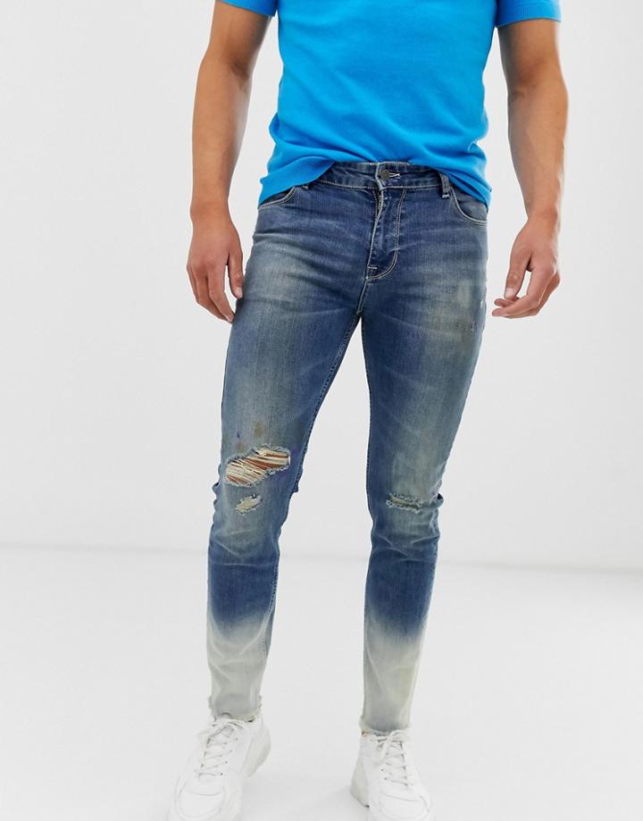 Asos Design Skinny Jeans In Ombre Bleach Wash With Knee Rip - Blue