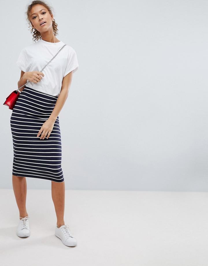 Only Abbie Calf Stripe Midi Skirt - Blue