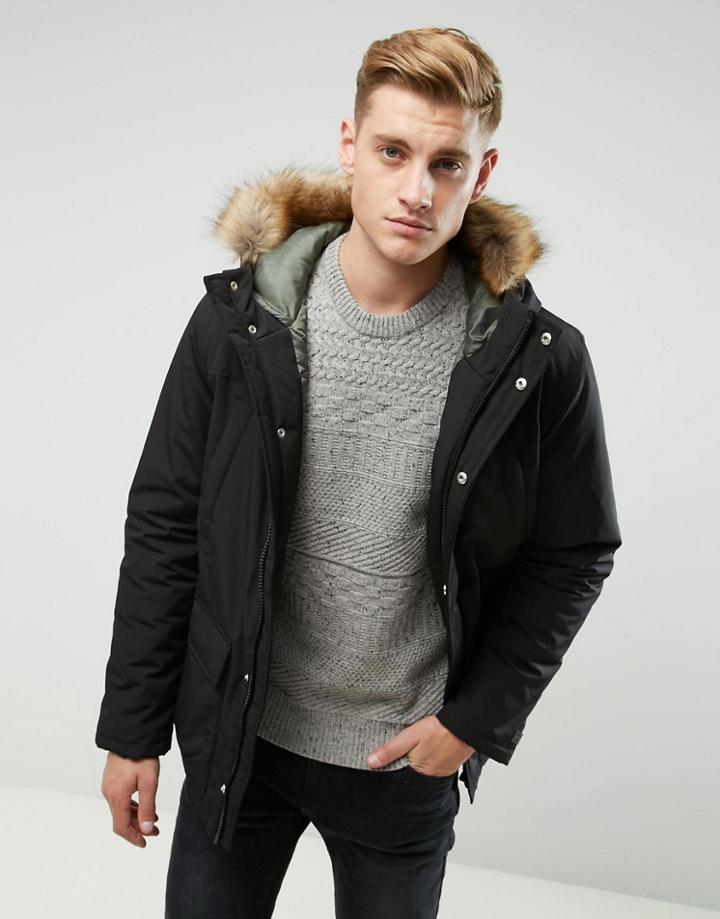 Esprit Parka With Faux Fur Fleece Lined Hood - Black