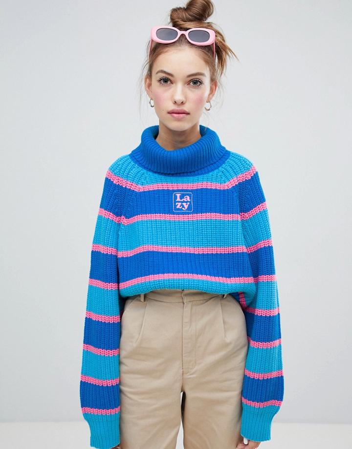 Lazy Oaf Stripey Roll Neck Sweater - Blue