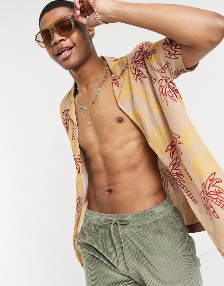 Asos Design Regular Camp Collar Shirt In Palm Print-red