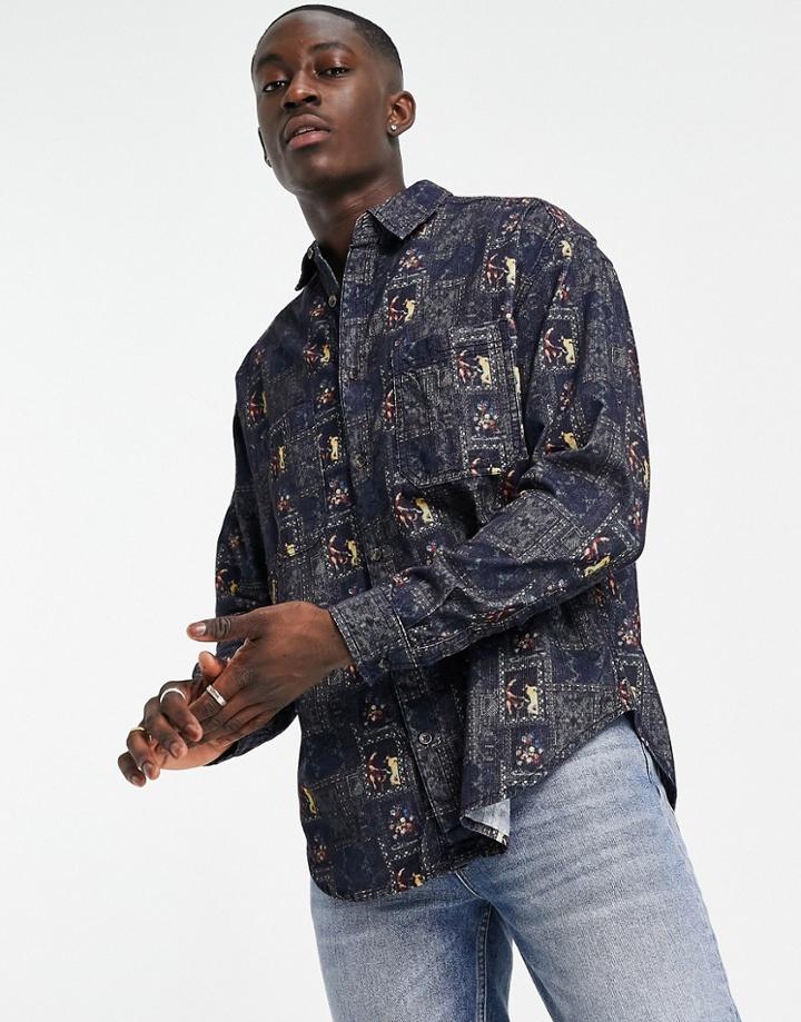Asos Design Dropped Shoulder Cord Shirt In Renaissance Print-navy