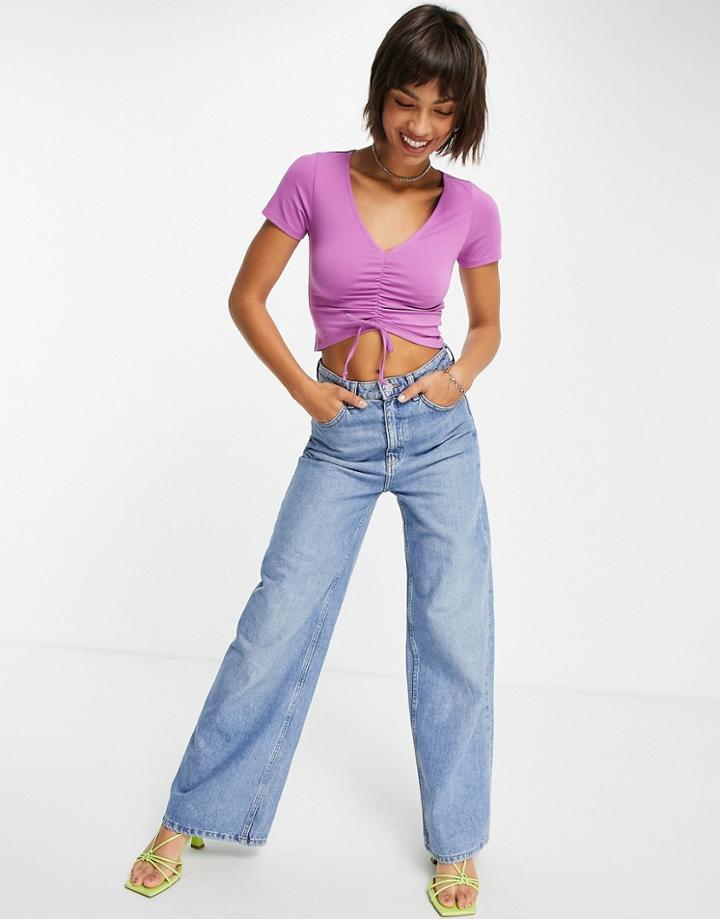Asos Design Fitted Top With Ruched Front And Short Sleeve In Bright Purple-pink