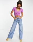 Asos Design Fitted Top With Ruched Front And Short Sleeve In Bright Purple-pink