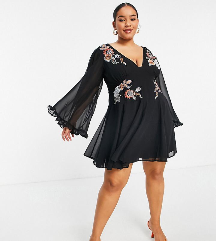 Asos Design Curve Soft Embroidered Godet Mini Skater Dress With Flared Sleeves In Black