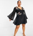Asos Design Curve Soft Embroidered Godet Mini Skater Dress With Flared Sleeves In Black