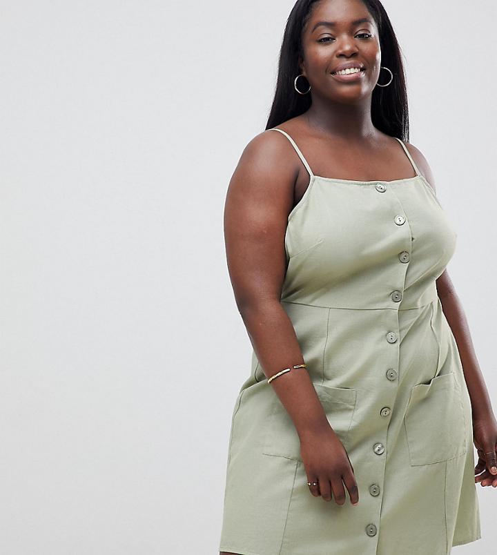 Asos Design Curve Button Through Linen Mini Sundress - Green