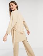 Asos Design Oversized Cardigan With Tie In Oatmeal-neutral