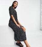 Asos Design Tall Tie Front Button Through Midi Dress In Mono Spot Print-multi