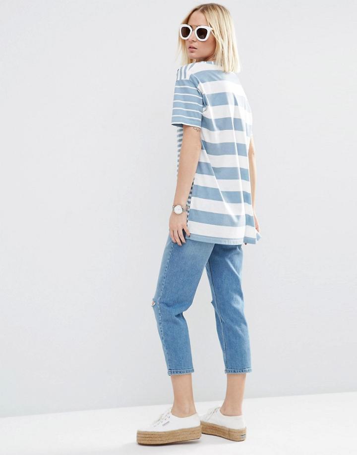 Asos V Neck Tunic In Blocked Washed Stripe - Multi