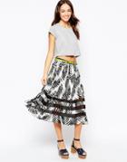 Yumi Midi Skirt In Tropical Print With Block Stripe - Multi