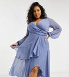 Asos Design Curve Wrap Waist Midi Dress With Double Layer Skirt And Long Sleeves In Light Blue-blues