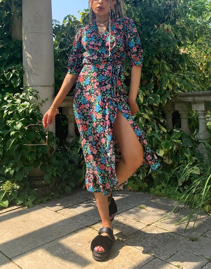 Topshop Wrap Midi Dress In Floral Print-multi