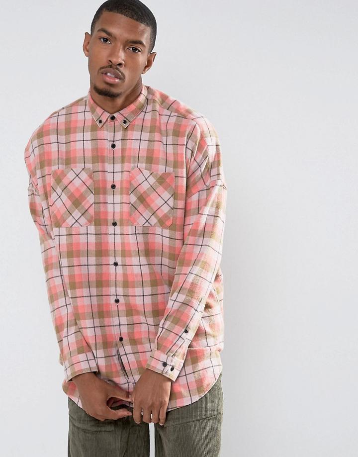Asos Oversized Check Shirt With Acid Wash - Pink