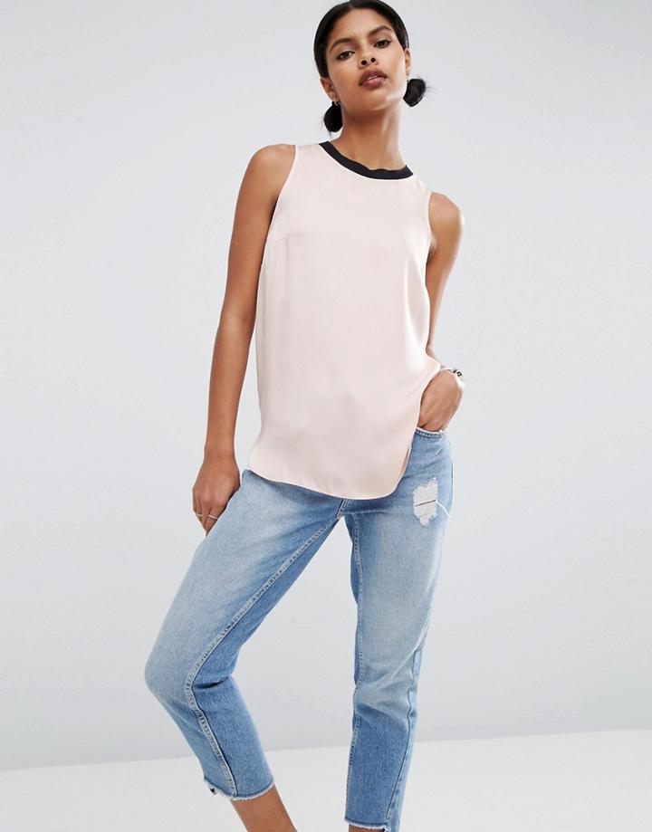 Asos Sleeveless Satin Top With Rib Neck - Pink