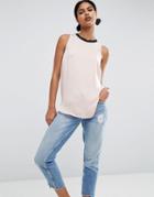 Asos Sleeveless Satin Top With Rib Neck - Pink