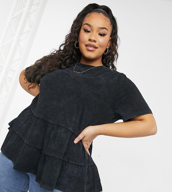 Asos Design Curve Tiered Smock Top In Washed Charcoal-grey