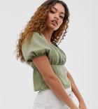 Miss Selfridge Petite Milk Maid Top In Khaki-green