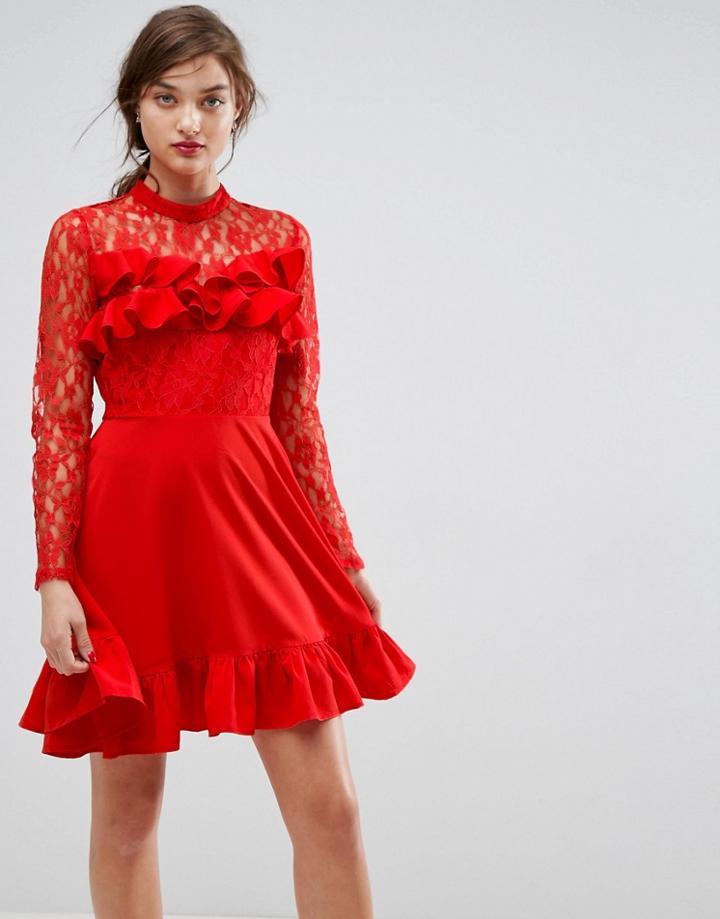 Asos Lace & Ruffle Mini Dress-red