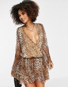 Asos Design Wrap Front Frilly Mini Dress In Animal Print-multi