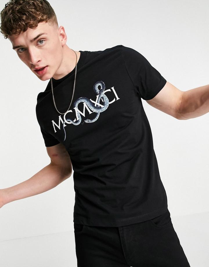 Asos Design T-shirt In Black Organic Cotton With Roman Numeral And Snake Print