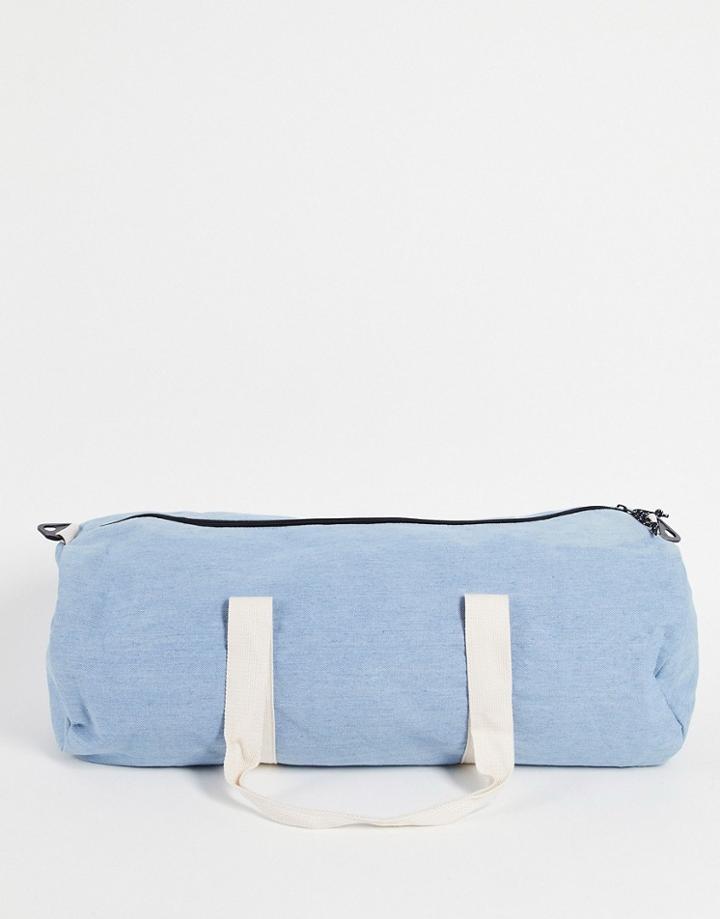 Asos Design Gym Barrel Bag In Stone Wash Denim With Shoulder Strap 37 Liters-blue