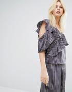 J.o.a Pinstripe One Shoulder Ruffle Top Co-ord - Navy