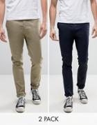 Asos 2 Pack Skinny Chinos In Navy And Light Stone Save - Multi