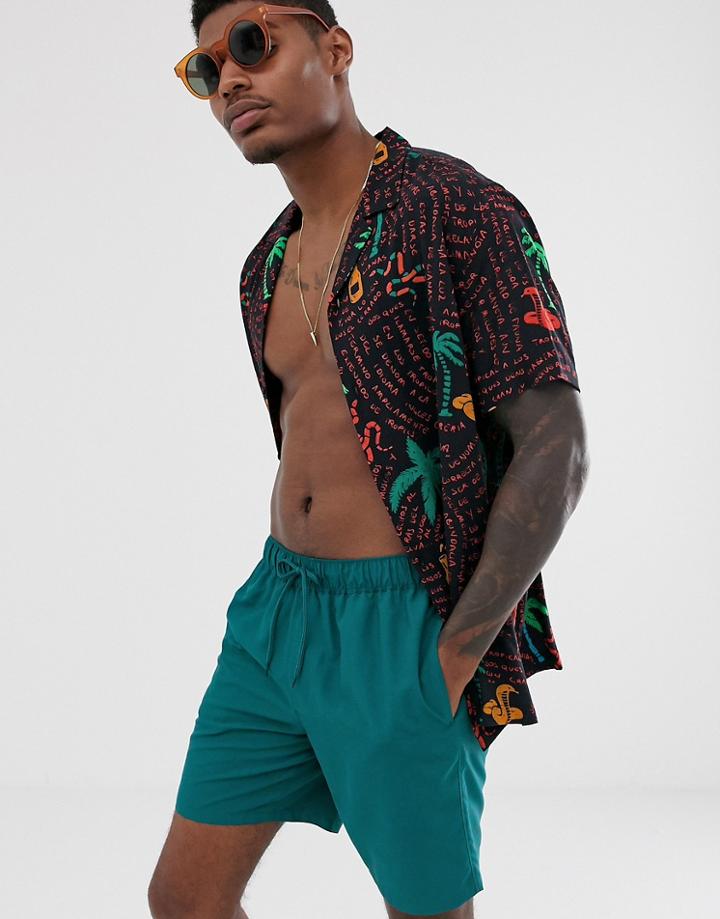 Asos Design Swim Short In Dark Green Mid Length