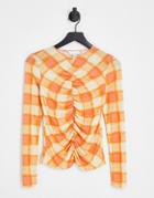Topshop Check Mesh Long Sleeve Top In Orange