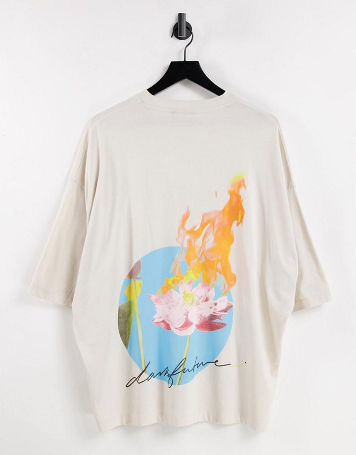 Asos Dark Future Oversized T-shirt With Burning Flower Back Graphic Print In Grey