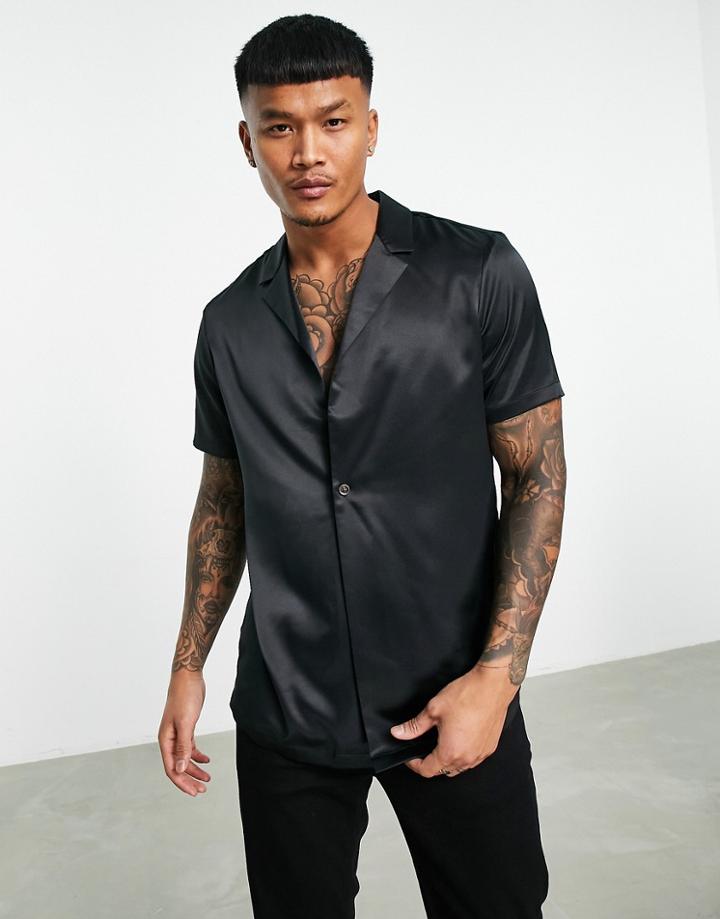 Asos Design Regular Satin Shirt With Single Button-black