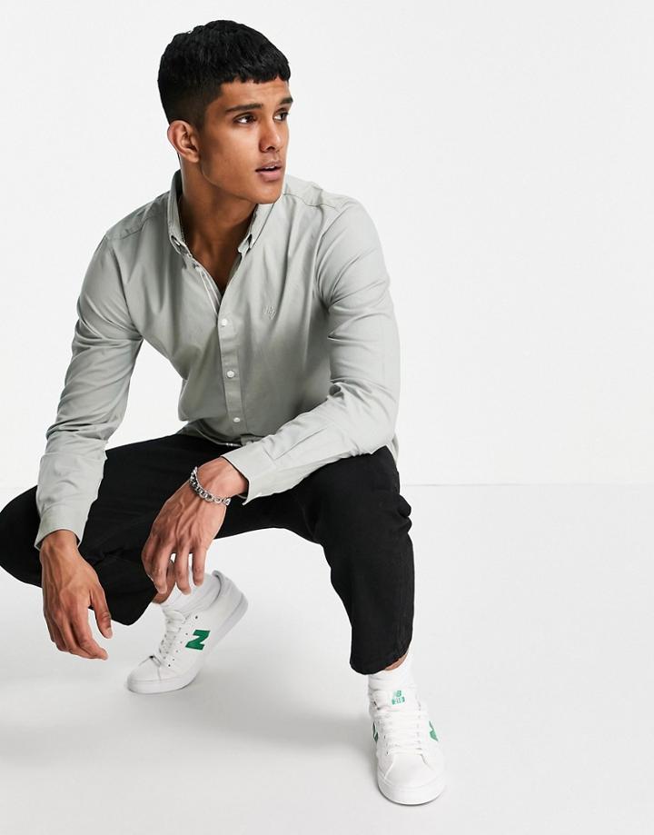 River Island Long Sleeve Oxford Shirt In Khaki-green