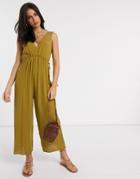 Asos Design Lounge Minimal Wide Leg Jumpsuit With Rope Channel Waist In Khaki-multi