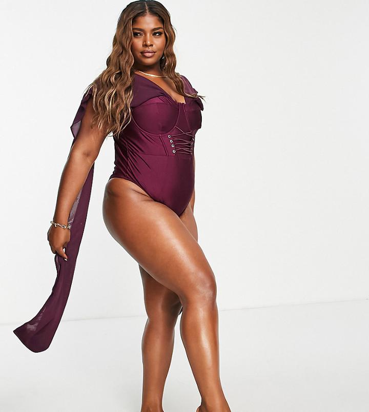 Asos Luxe Curve Front Lace Up Drape Off Shoulder Swimsuit In Purple