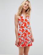 Asos Mini Haltnerneck Bodycon Dress Withbubble Hem In Red Floral - Multi