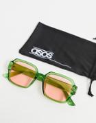 Asos Design Mid Square Sunglasses With Pink Lens In Green