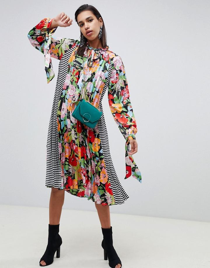 Asos Design Extreme Pleated Trapeze Midi Dress In Mix Print - Multi